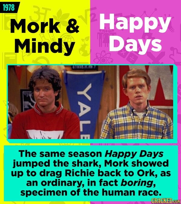 1978 3T 2 Mork & Happy Days Mindy YALE The same season Happy Days jumped the shark, Mork showed up to drag Richie back to Ork, as an ordinary, in fact boring, specimen of the human race. CRACKED.COM