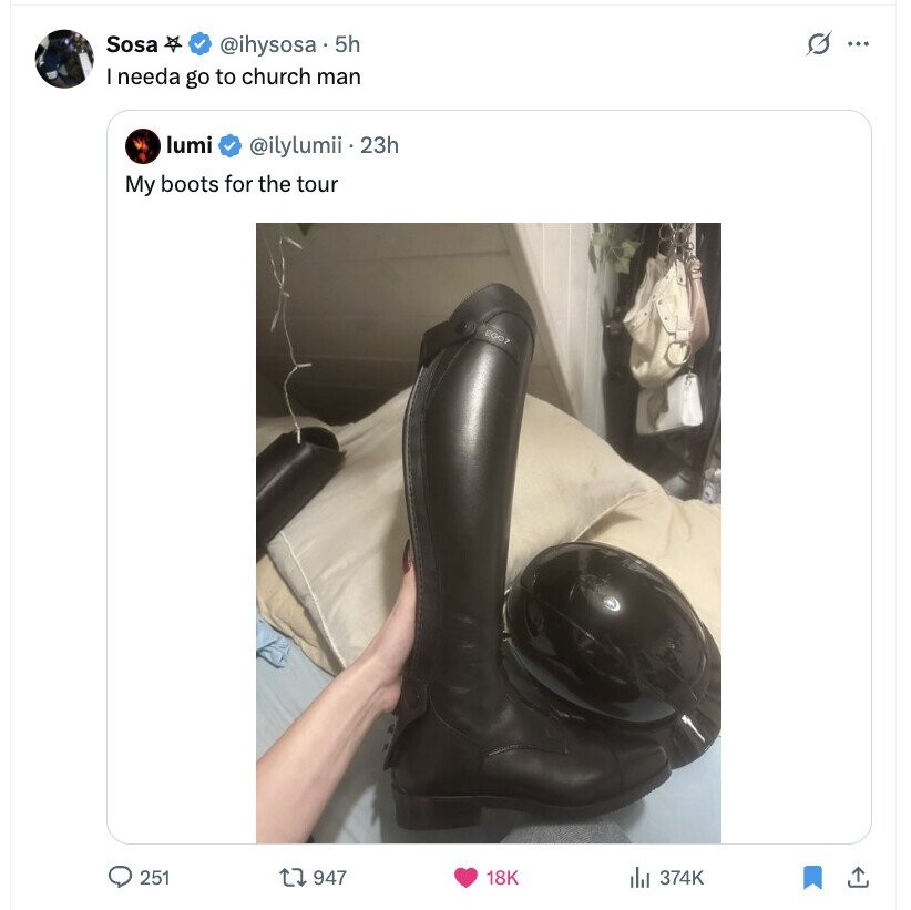 Sosa G ... @ihysosa. 5h I needa go to church man lumi @ilylumii. 23h My boots for the tour 251 947 18K 374K 
