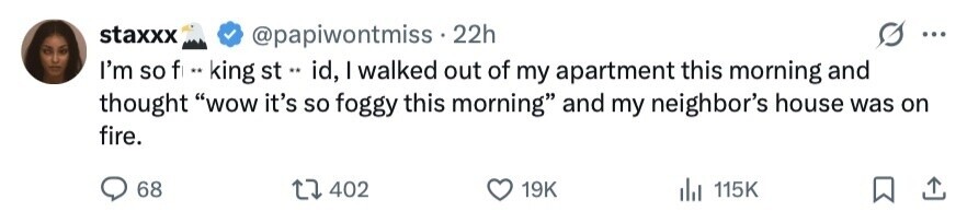 staxxx @papiwontmiss 22h ... I'm so f .. king st .. id, I walked out of my apartment this morning and thought wow it's so foggy this morning and my neighbor's house was on fire. 68 402 19K 115K