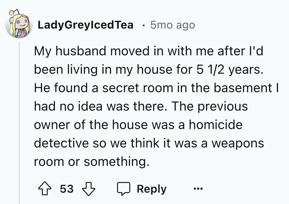 LadyGreylcedTea 5mo ago My husband moved in with me after I'd been living in my house for 5 1/2 years. Не found a secret room in the basement I had no idea was there. The previous owner of the house was a homicide detective so we think it was a weapons room or something. 53 Reply ...