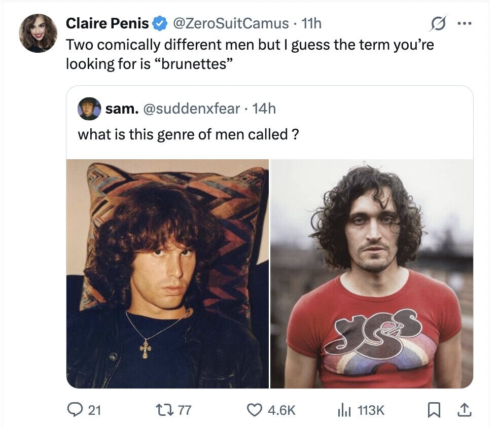 Claire Penis @ZeroSuitCamus 11h ... Two comically different men but I guess the term you're looking for is brunettes sam. @suddenxfear.14h what is this genre of men called ? 21 77 4.6K 113K