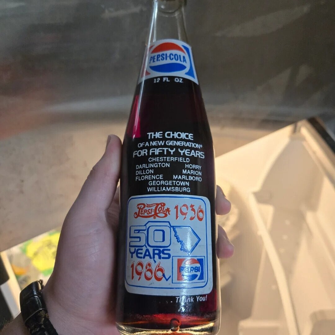PEPSI-COLA 12 FL OZ THE CHOICE OFA NEW GENERATION FOR FIFTY YEARS CHESTERFIELD HORRY DARLINGTON MARION DILLON MARLBORO FLORENCE GEORGETOWN WILLIAMSBURG PEPSI-COLA 1936 50 YEARS 1986 PEPSI Thank You!