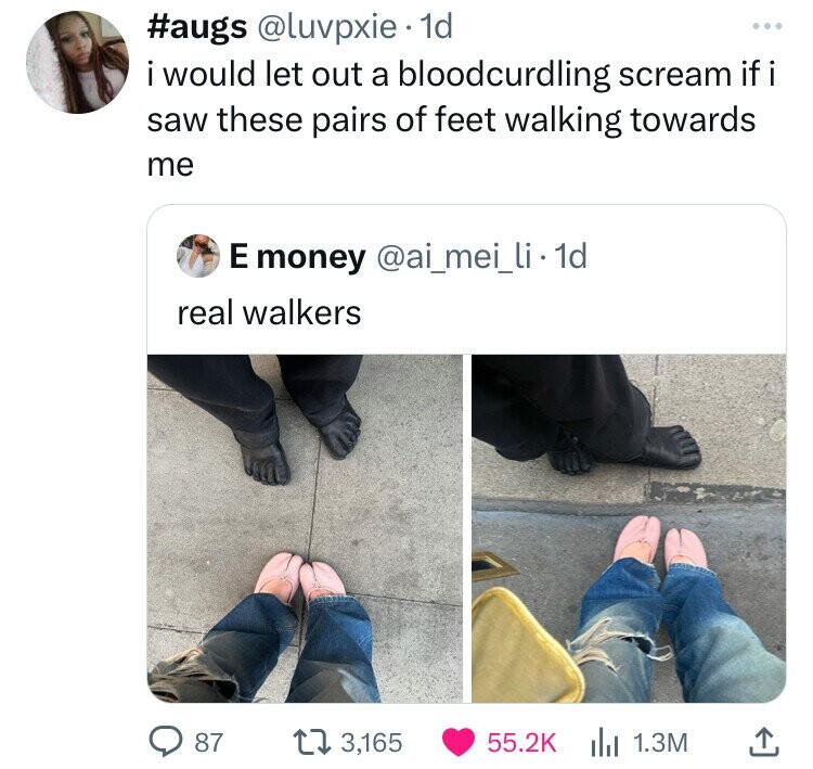 #augs @luvpxie 1d ... i would let out a bloodcurdling scream if i saw these pairs of feet walking towards me E money @ai_mei_li - 1d real walkers 87 3,165 55.2K 1.3M