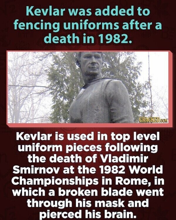 Kevlar was added to fencing uniforms after a death in 1982. CRACKED.COM Kevlar is used in top level uniform pieces following the death of Vladimir Smirnov at the 1982 World Championships in Rome, in which a broken blade went through his mask and pierced his brain.