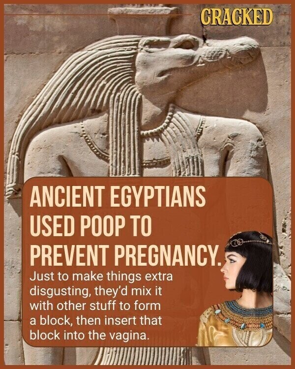 CRACKED ANCIENT EGYPTIANS USED POOP TO PREVENT PREGNANCY. Just to make things extra disgusting, they'd mix it with other stuff to form a block, then insert that block into the vagina.