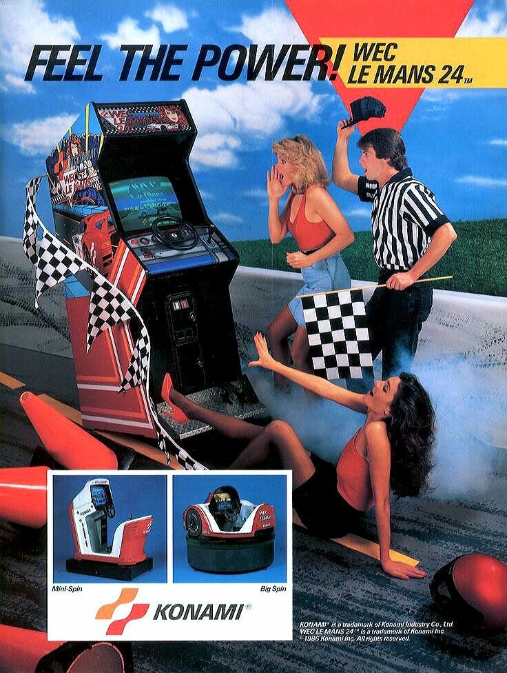 WEC FEEL THE POWER! LE MANS 24 TM WE LE MAN FOR WEGGE EL VA FEMAMA FOR Mini-Spin Big Spin KONAMI® KONAMI is a trademark of Konami Industry Co., Ltd. WEC LE MANS 24 9 is a trademerk of Konomi Inc. 1986 Konami Inc. All rights reserved.