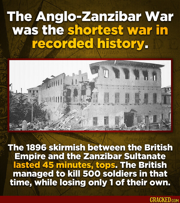 The Anglo-Zanzibar War was the shortest war in recorded history. N Est The 1896 skirmish between Aniward the British Empire and the Zanzibar Sultanate lasted 45 minutes, tops. The British managed to kill 500 soldiers in that time, while losing only 1 of their own. CRACKED.COM