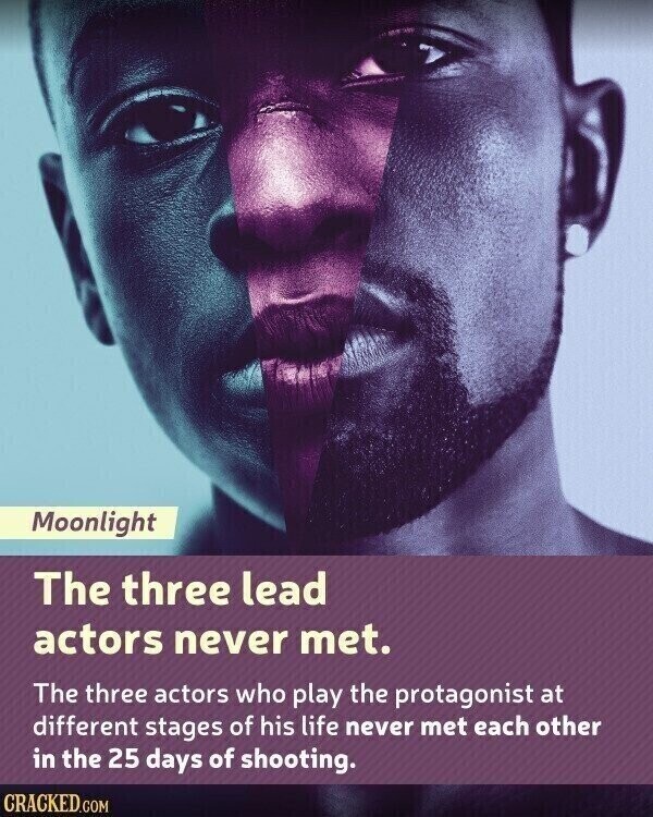 Moonlight The three lead actors never met. The three actors who play the protagonist at different stages of his life never met each other in the 25 days of shooting. CRACKED.COM