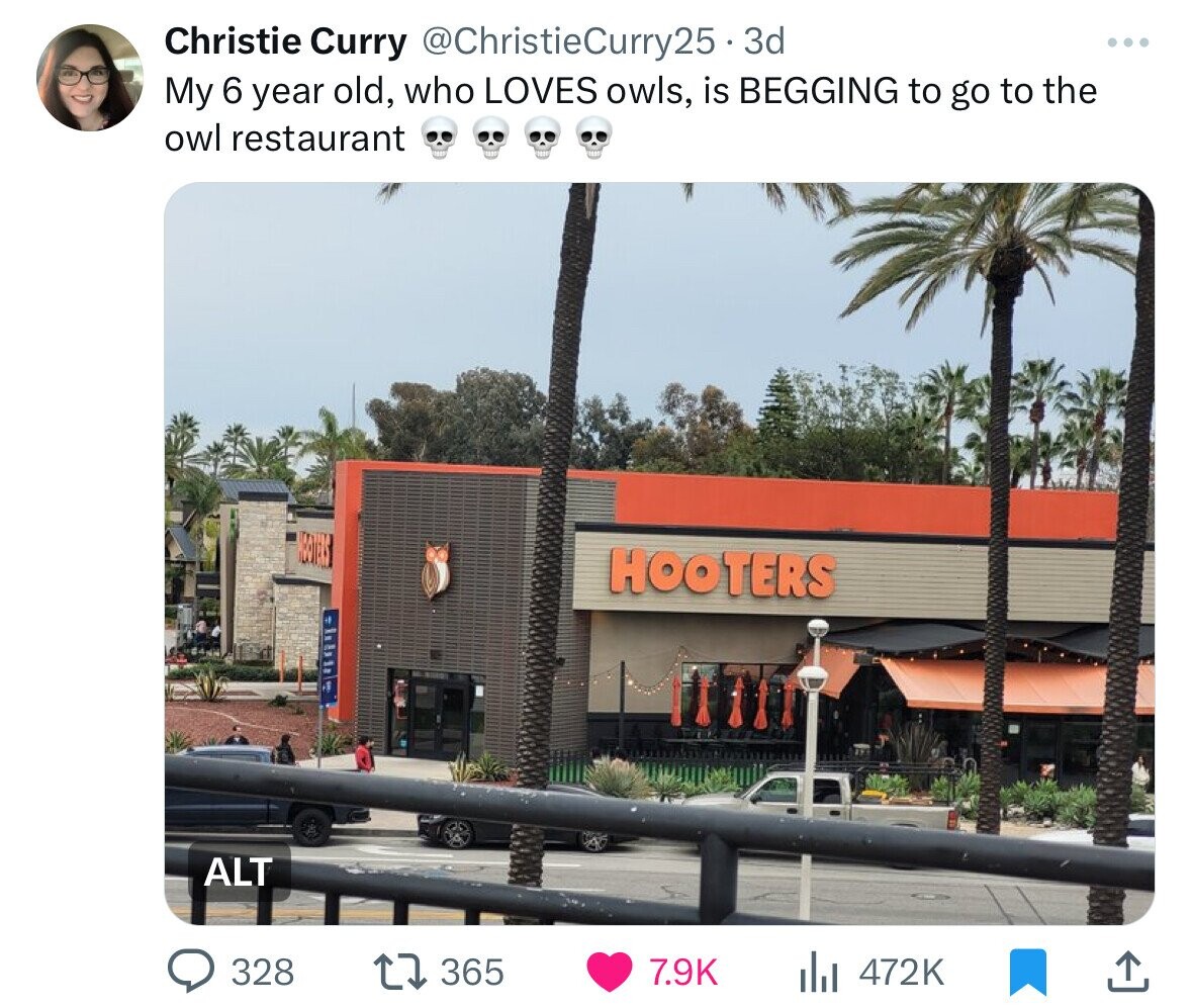 Christie Curry @ChristieCurry25.3d My 6 year old, who LOVES owls, is BEGGING to go to the owl restaurant HOOTERS ALT 328 365 7.9K 472K