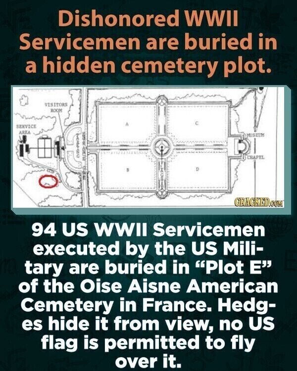 Dishonored WWII Servicemen are buried in a hidden cemetery plot. VISITORS ROOM с A SERVICE AREA MUSEUM CEAPEL D II GRAGKED.COM 94 US WWII Servicemen executed by the US Mili- tary are buried in Plot E of the Oise Aisne American Cemetery in France. Hedg- es hide it from view, no US flag is permitted to fly over it.