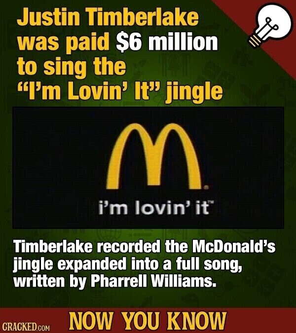 Justin Timberlake was paid $6 million to sing the I'm Lovin' It jingle M i'm lovin' it™ Timberlake recorded the McDonald's jingle expanded into a full song, written by Pharrell Williams. NOW YOU KNOW CRACKED.COM