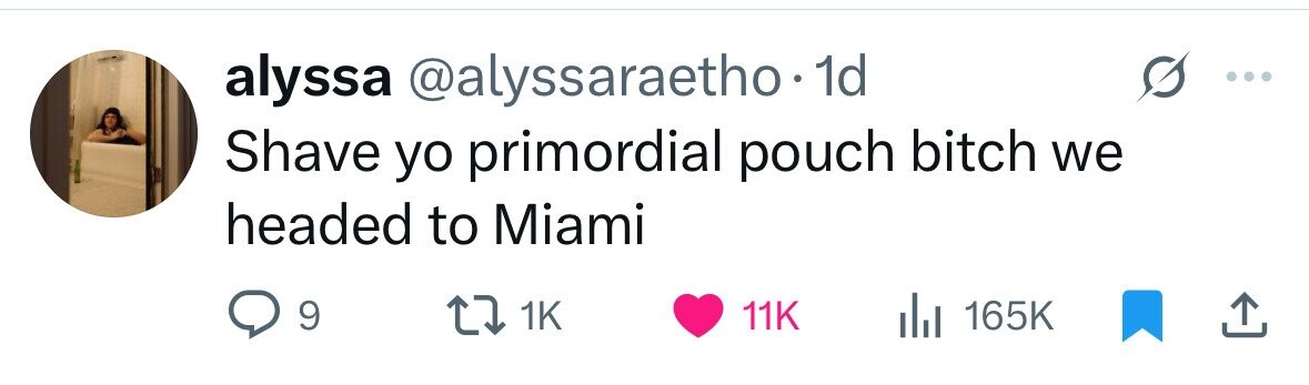 alyssa @alyssaraetho.1 1d Shave yo primordial pouch bitch we headed to Miami 9 1K 11K del 165K 