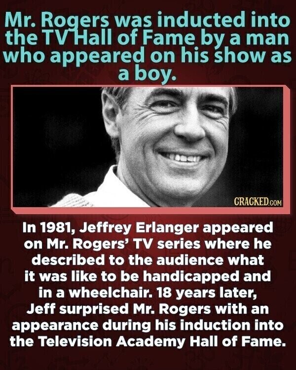 Mr. Rogers was inducted into the TV'Hall of Fame by a man who appeared on his show as a boy. CRACKED.COM In 1981, Jeffrey Erlanger appeared on Mr. Rogers' TV series where he described to the audience what it was like to be handicapped and in a wheelchair. 18 years later, Jeff surprised Mr. Rogers with an appearance during his induction into the Television Academy Hall of Fame.