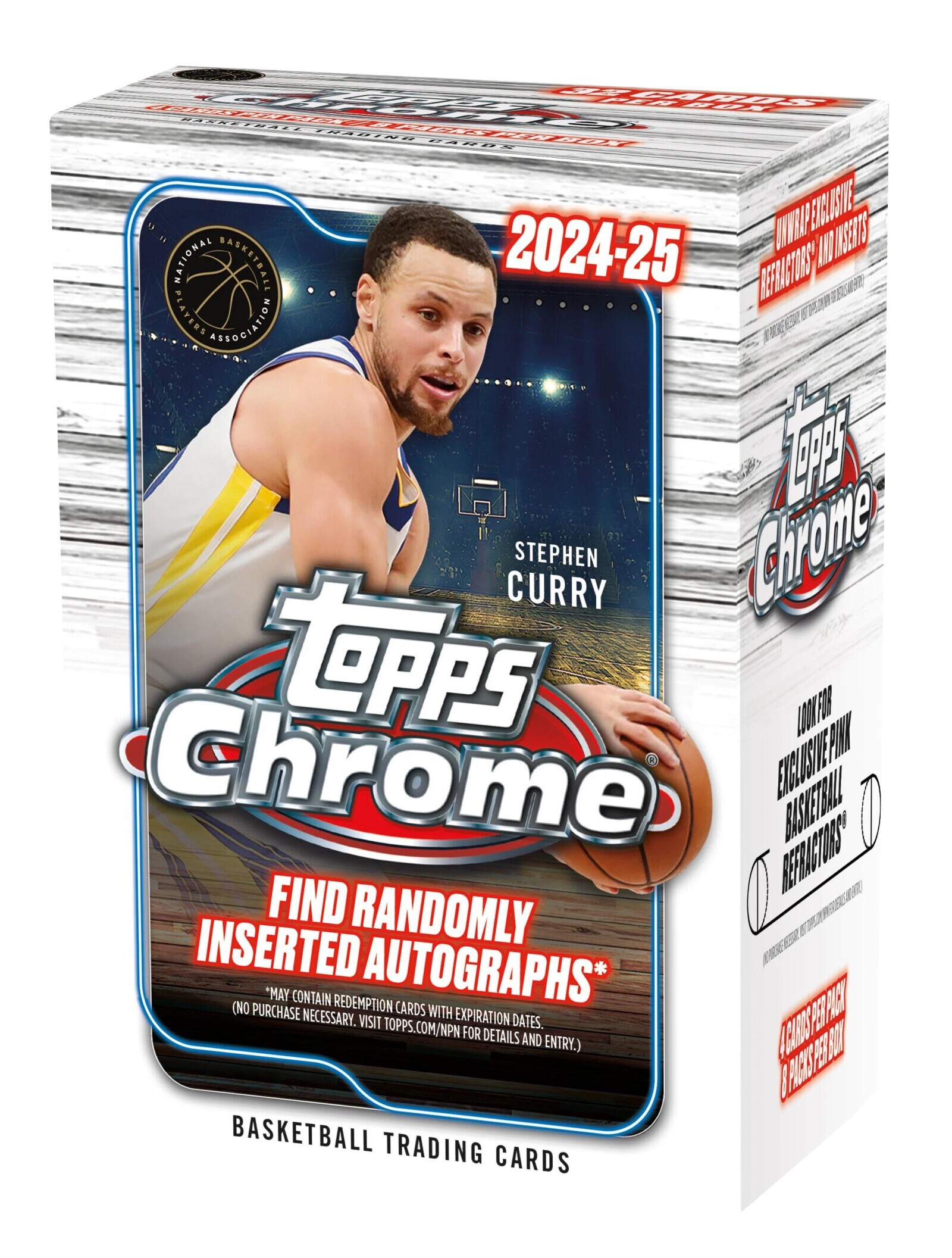 2 a HASKETHALL TRADING CARDS UNWRAPEXCLUSIVE 2024-25 REFRACTORS AND INSERTS NATIONAL PLAYERS ASSOCIATION BASKETBALL (NO PURCHASE NECESSARY. to STEPHEN CURRY Chrome topps LOOK FOR Chrome EXCLUSIVE PINK BASKETBALL REFRACTORS FIND RANDOMLY INSERTED AUTOGRAPHS* *MAY CONTAIN REDEMPTION CARDS WITH EXPIRATION DATES. (NO PURCHASE NECESSARY. VISIT TOPPS.COM/NPN FOR DETAILS AND ENTRY.) 4CARDS PER PACK 8 PACKS PER BOX BASKETBALL TRADING CARDS 