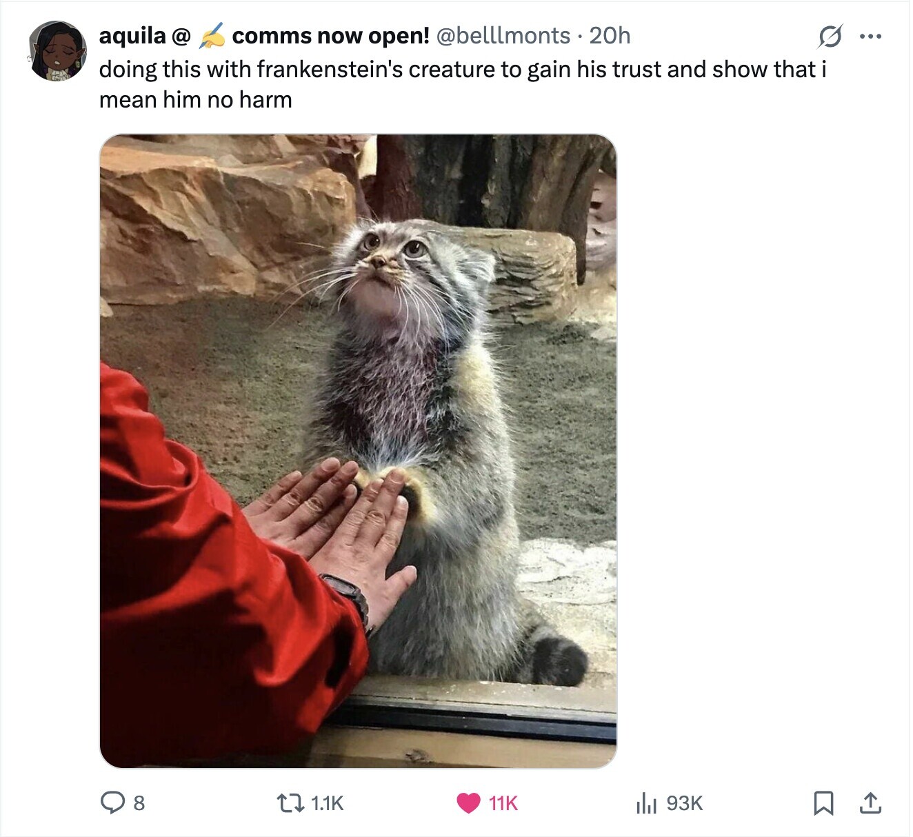 S ... aquila @ comms now open! @belllmonts . 20h doing this with frankenstein's creature to gain his trust and show that i mean him no harm 8 1.1K 11K 93K 