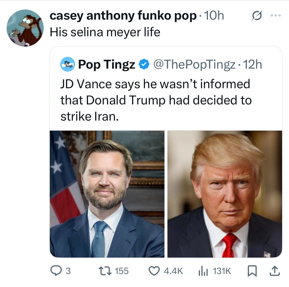 casey anthony funko pop 10h ... His selina meyer life Pop Ting3 Pop Tingz @ThePopTingz.1 12h JD Vance says he wasn't informed that Donald Trump had decided to strike Iran. 3 4.4K 131K 155