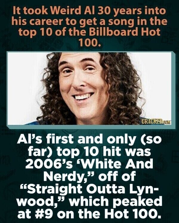 It took Weird Al 30 years into his career to get a song in the top 10 of the Billboard Hot 100. CRACKED.COM Al's first and only (so far) top 10 hit was 2006's 'White And Nerdy, off of Straight Outta Lyn- wood, which peaked at #9 on the Hot 100.