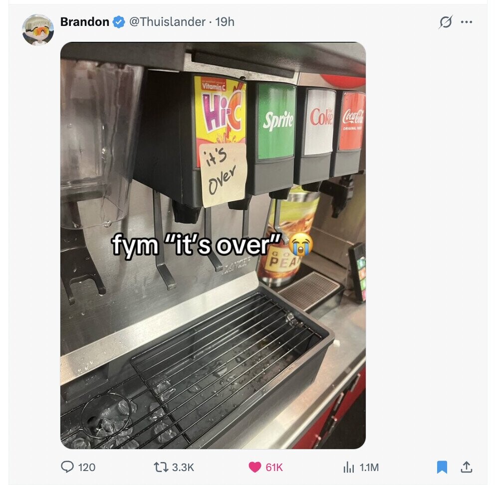 Brandon @Thuislander . 19h s ... Vitamin с HiC Coke Coca-Cola Sprite ORIGINAL of it's Over fym it's over G PEA CUP 120 3.3K 61K del 1.1M 