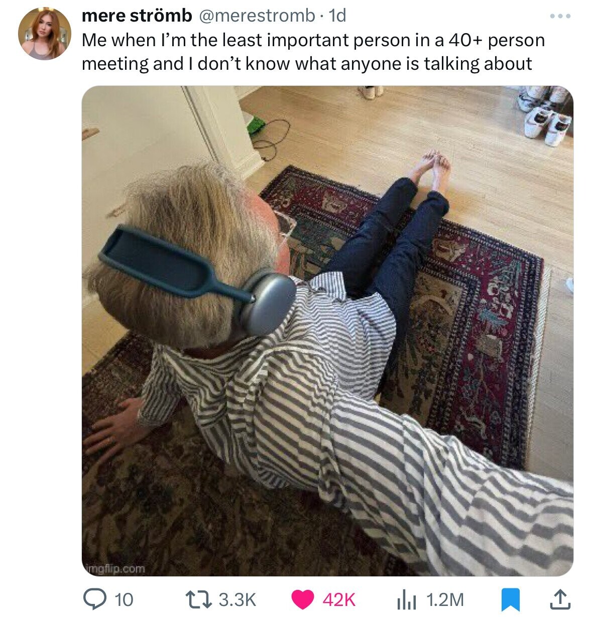 mere strömb @merestromb 1d Me when I'm the least important person in a 40+ person meeting and I don't know what anyone is talking about imgflip.com 3.3K 10 42K 1.2M