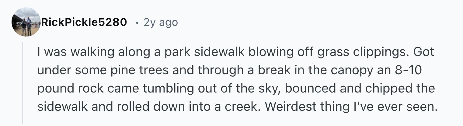 RickPickle5280 2y ago I was walking along a park sidewalk blowing off grass clippings. Got under some pine trees and through a break in the canopy an 8-10 pound rock came tumbling out of the sky, bounced and chipped the sidewalk and rolled down into a creek. Weirdest thing I've ever seen.