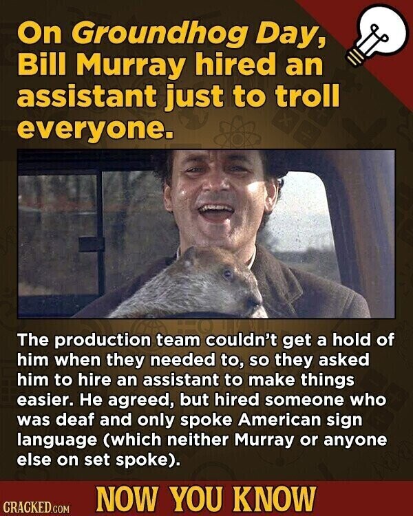 On Groundhog Day, Bill Murray hired an assistant just to troll everyone. The production team couldn't get a hold of him when they needed to, so they asked him to hire an assistant to make things easier. Не agreed, but hired someone who was deaf and only spoke American sign language (which neither Murray or anyone else on set spoke). NOW YOU KNOW CRACKED.COM