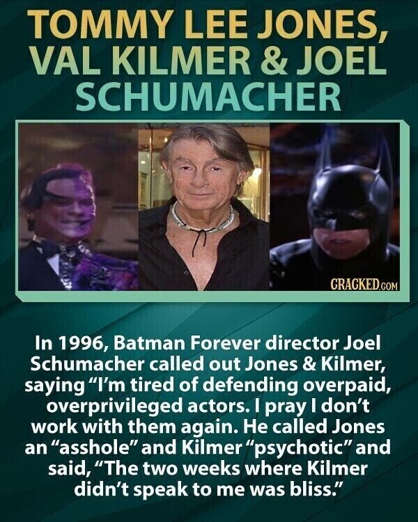 TOMMY LEE JONES, VAL KILMER &JOEL SCHUMACHER CRACKED.COM In 1996, Batman Forever director Joel Schumacher called out Jones & Kilmer, saying I'm tired of defending overpaid, overprivileged actors. I pray I don't work with them again. Не called Jones an asshole and Kilmer psychotic and said, The two weeks where Kilmer didn't speak to me was bliss.
