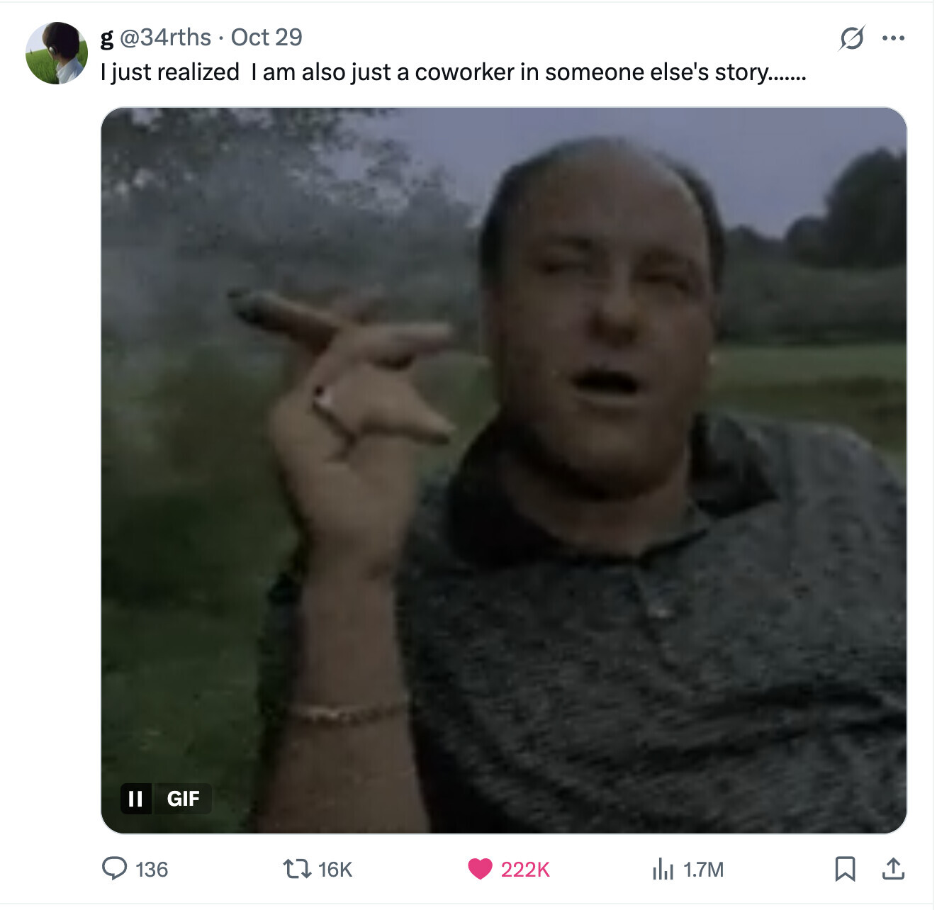 s ... g @34rths Oct 29 just realized I am also just a coworker in someone else's story....... GIF II 136 16K 222K del 1.7M 