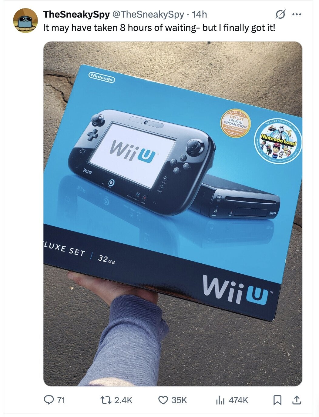 ... TheSneakySpy @TheSneakySpy 14h It may have taken 8 hours of waiting- but I finally got it! Nintendo EXCLUSIVE DELUXE DIGITAL INCLUDED INCLUS INCLUYE PROMOTION = NintendoLand 9 5 Wii - NO Identition de TM + 4 B WiiU STARS SELECT Mllm POWER WiiO MES LUXE SET 32 GB Wii TM 474K 35K 2.4K 71