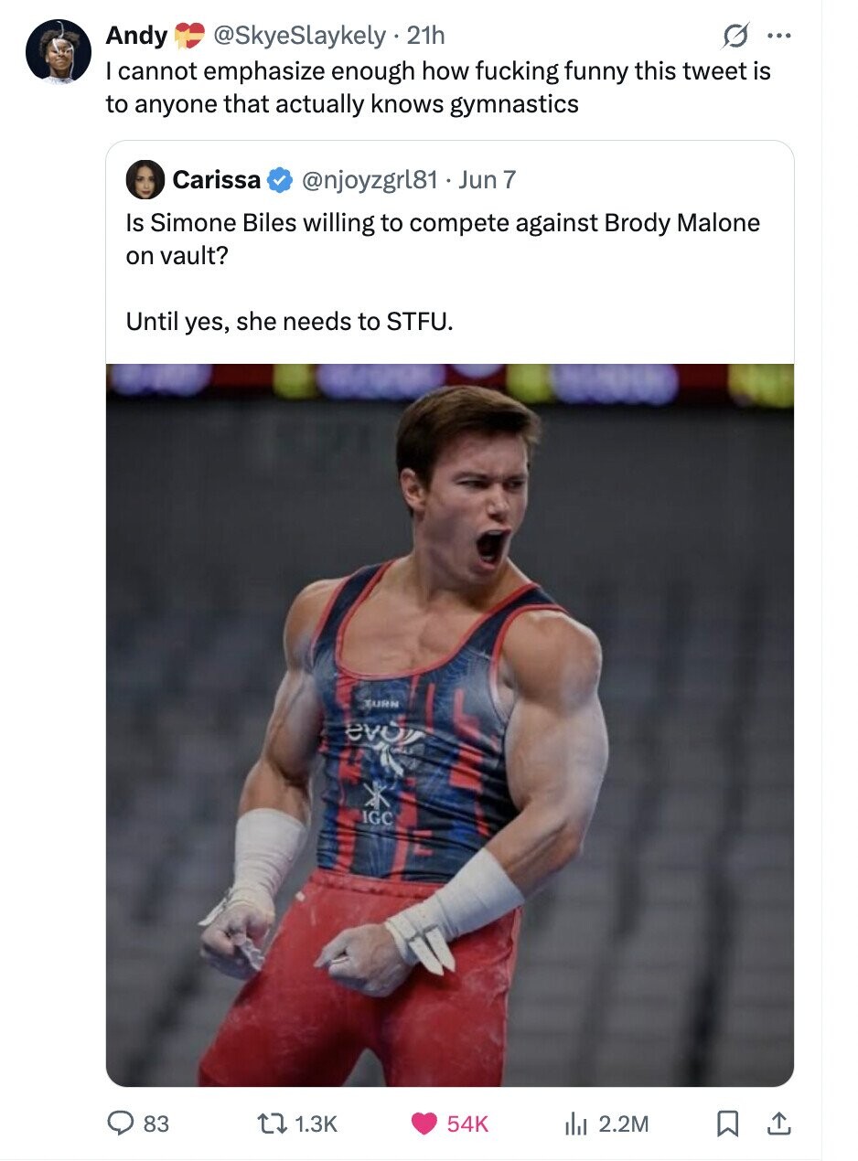 G ... Andy @SkyeSlaykely 21h I cannot emphasize enough how fucking funny this tweet is to anyone that actually knows gymnastics Carissa @njoyzgrl81 . . Jun 7 Is Simone Biles willing to compete against Brody Malone on vault? Until yes, she needs to STFU. EURN evo IGC 83 1.3K 54K del 2.2M