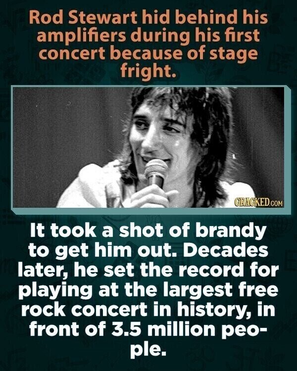 Rod Stewart hid behind his amplifiers during his first concert because of stage fright. GRACKED.COM It took a shot of brandy to get him out. Decades later, he set the record for playing at the largest free rock concert in history, in front of 3.5 million peo- ple.