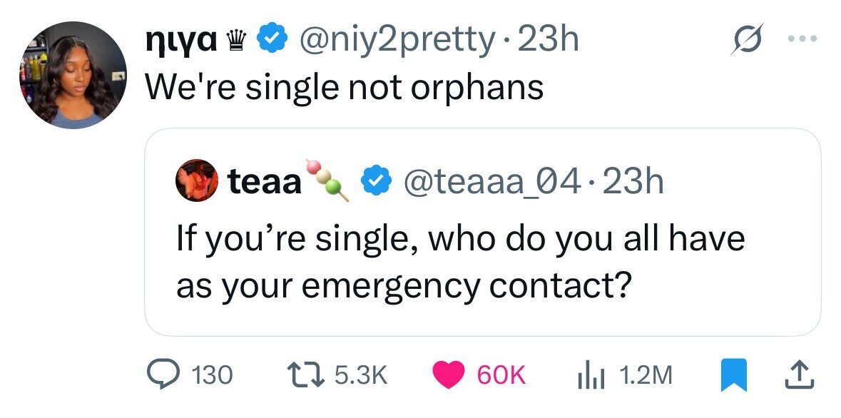 niya @niy2pretty.23h We're single not orphans teaa @teaaa_04.23h If you're single, who do you all have as your emergency contact? 130 5.3K 60K del 1.2M 