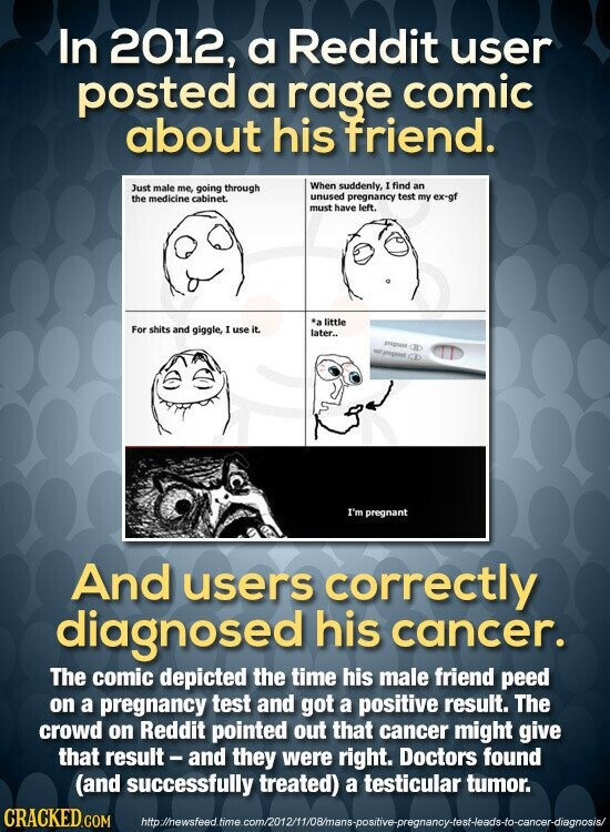 In 2012, a Reddit user posted a rage comic about his friend. When suddenly, I find an Just male me, going through unused pregnancy test my ex-gf the medicine cabinet. must have left. *a little For shits and giggle, I use it. later.. prepared - I'm pregnant And users correctly diagnosed his cancer. The comic depicted the time his male friend peed on a pregnancy test and got a positive result. The crowd on Reddit pointed out that cancer might give that result-and they were right. Doctors found (and successfully treated) a testicular tumor. CRACKED.COM http://newsfeed. time com/2012/11/08/mans-positive-pregnancy-test-leads-to-cancer-diagnosis/