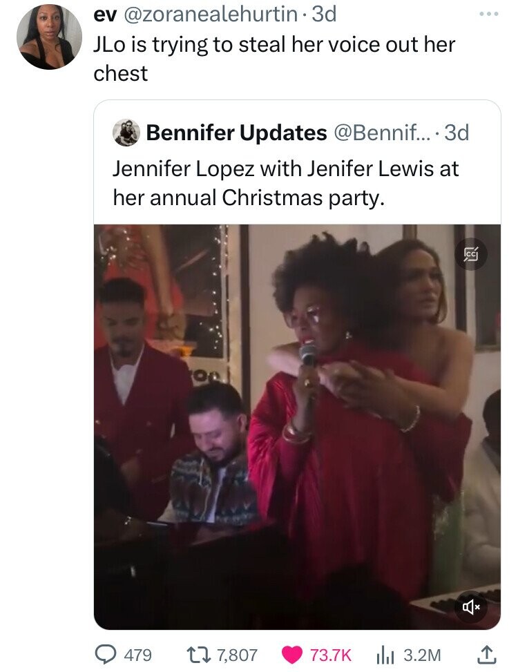 ev @zoranealehurtin 3d JLo is trying to steal her voice out her chest Bennifer Updates @Bennif... 3d Jennifer Lopez with Jenifer Lewis at her annual Christmas party. CC 479 7,807 73.7K 3.2M
