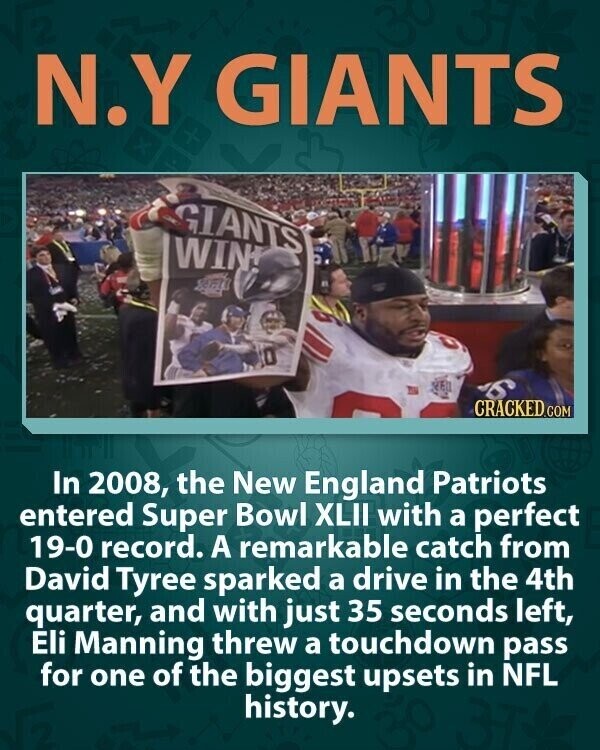 N.Y GIANTS GIANTS WIN! S CRACKED.COM In 2008, the New England Patriots entered Super Bowl XLII with a perfect 19-0 record. A remarkable catch from David Tyree sparked a drive in the 4th quarter, and with just 35 seconds left, Eli Manning threw a touchdown pass for one of the biggest upsets in NFL history.