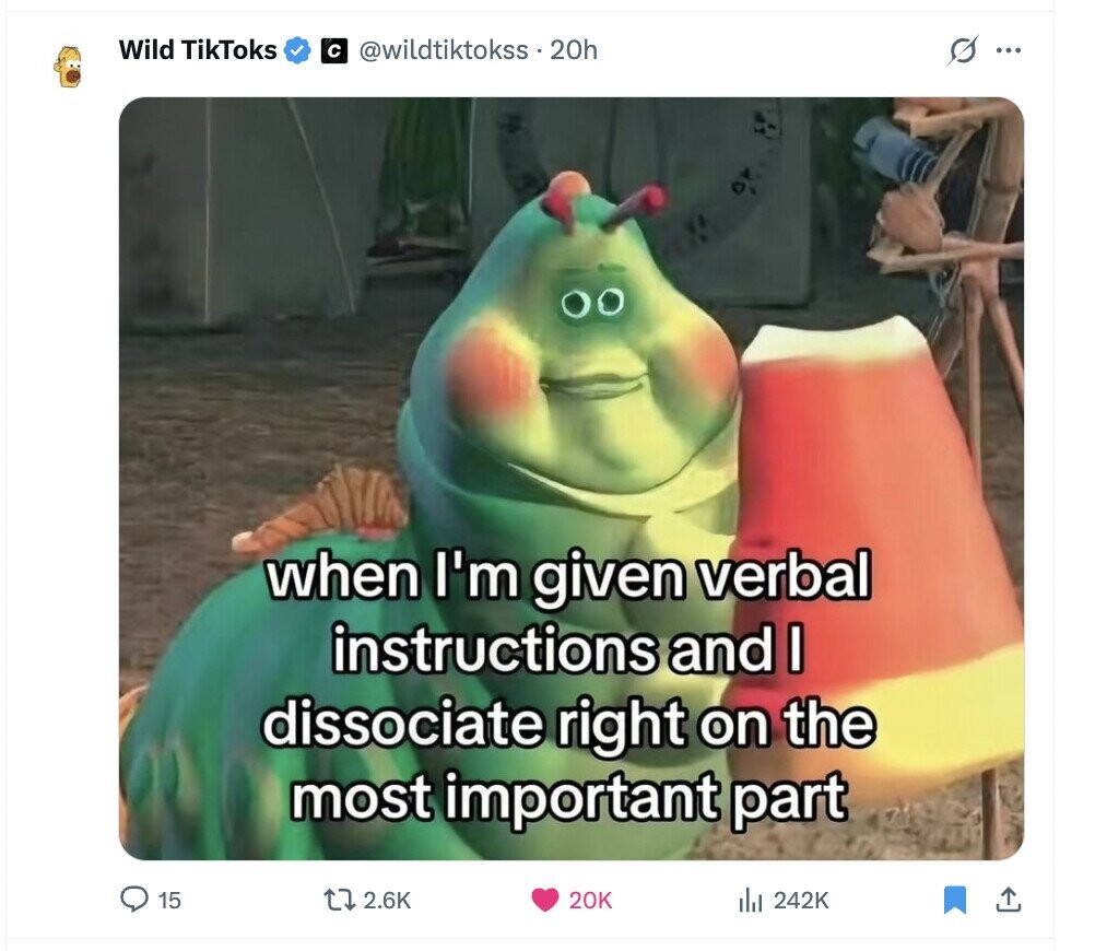 Wild TikToks с @wildtiktokss.20h s ... when I'm given verbal instructions and I dissociate right on the most important part 15 2.6K 20K del 242K 
