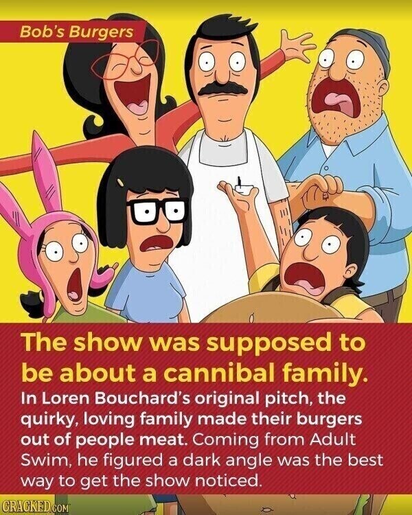 Bob's Burgers The show was supposed to be about a cannibal family. In Loren Bouchard's original pitch, the quirky, loving family made their burgers out of people meat. Coming from Adult Swim, he figured a dark angle was the best way to get the show noticed. CRACKED.COM