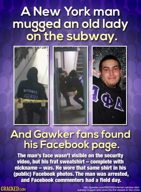 A New York man mugged an old lady on the subway. GUT STORETS ПФД 27 And Gawker fans found his Facebook page. The man's face wasn't visible on the security video, but his frat sweatshirt-complete with nickname-was. Не wore that same shirt in his (public) Facebook photos. The man was arrested, and Facebook commenters had a field day. CRACKED.COM http://gawker.com/5993500/internet-catches-idiot- subway-mugger-who-wore-his-frat-sweats-to-the-crime