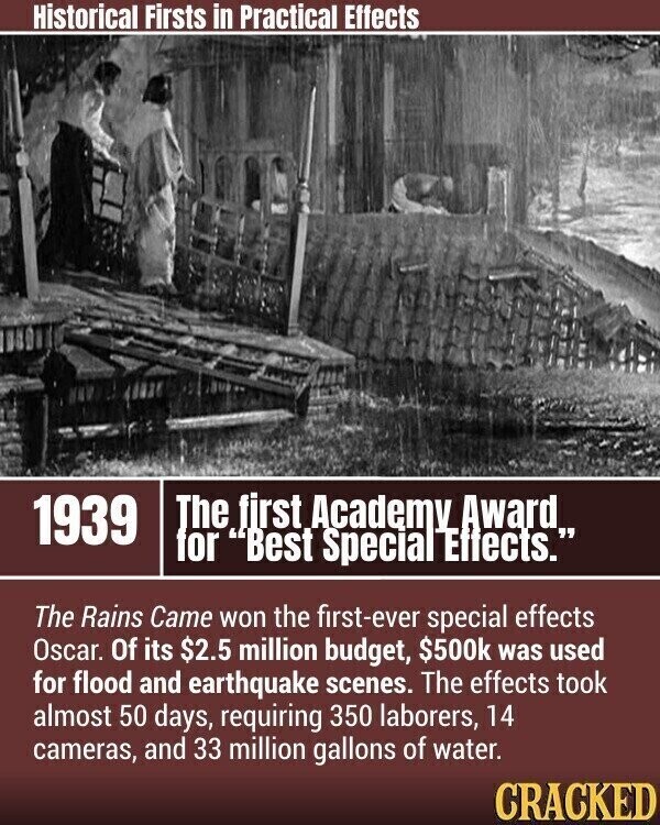 Historical Firsts in Practical Effects The first Academy Award.. 1939 for Best Special Effects. The Rains Came won the first-ever special effects Oscar. Of its $2.5 million budget, $500k was used for flood and earthquake scenes. The effects took almost 50 days, requiring 350 laborers, 14 cameras, and 33 million gallons of water. CRACKED