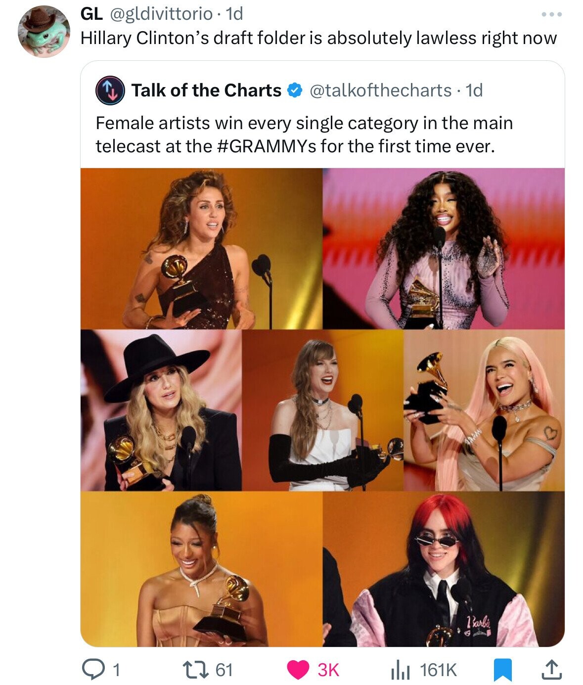 GL @gldivittorio 1d Hillary Clinton's draft folder is absolutely lawless right now Talk of the Charts @talkofthecharts - 1d Female artists win every single category in the main telecast at the #GRAMMYs for the first time ever. Barbé 1 61 3K 161K