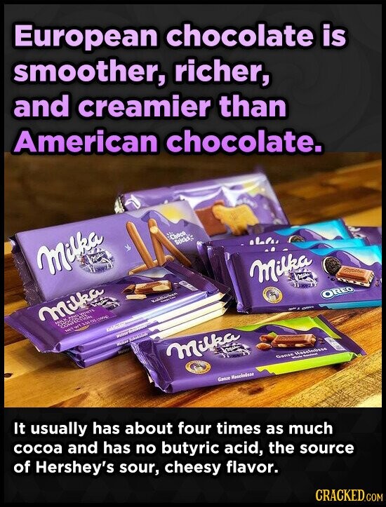 European chocolate is smoother, richer, and creamier than American chocolate. Milka :Choco Sticks: Milka Vogue MILK AMELYPHITE Kohltechen - - Milka 250km Kabilet - NATIONAL Welcome Wrisse Welter OREO Milka makes - ORIGIN It usually has about four times as much au Ganze Hascinüsse Ganze Haseinüsse Whele - cocoa and has no butyric acid, the source of Hershey's sour, cheesy flavor. CRACKED.COM