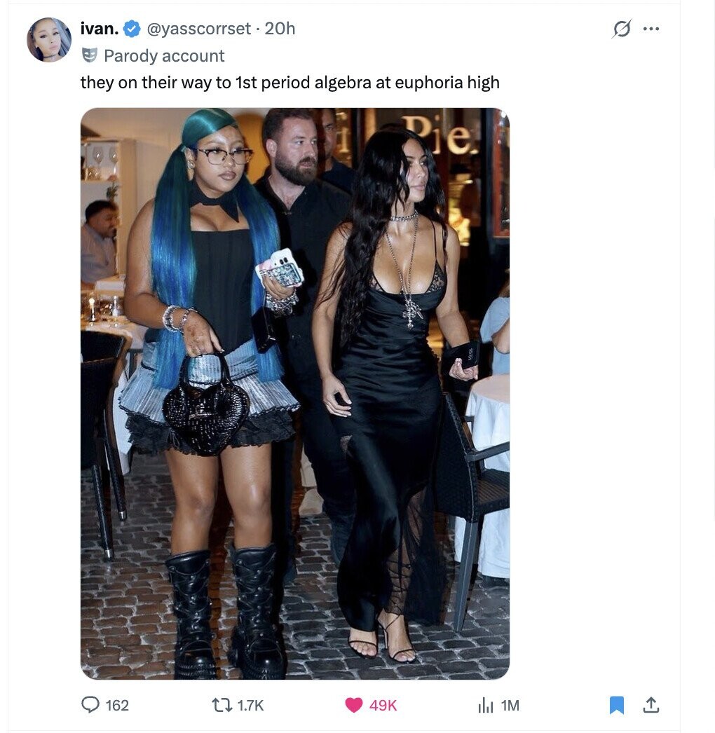 ivan. s ... @yasscorrset - 20h Parody account they on their way to 1st period algebra at euphoria high Pie. 162 1.7K 49K del 1M 