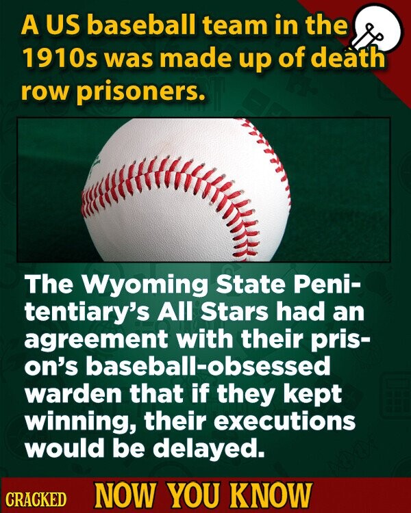 A US baseball team in the 1910s was made up of death row prisoners. The Wyoming State Peni- tentiary's All Stars had an agreement with their pris- on's baseball-obsessed warden that if they kept winning, their executions would be delayed. CRACKED NOW YOU KNOW