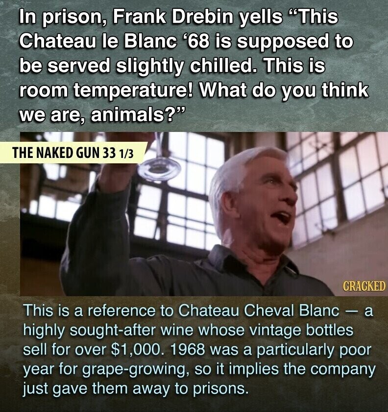 In prison, Frank Drebin yells This Chateau le Blanc '68 is supposed to be served slightly chilled. This is room temperature! What do you think we are, animals? THE NAKED GUN 33 1/3 CRACKED This is a reference to Chateau Cheval Blanc - a highly sought-after wine whose vintage bottles sell for over $1,000. 1968 was a particularly poor year for grape-growing, so it implies the company just gave them away to prisons.