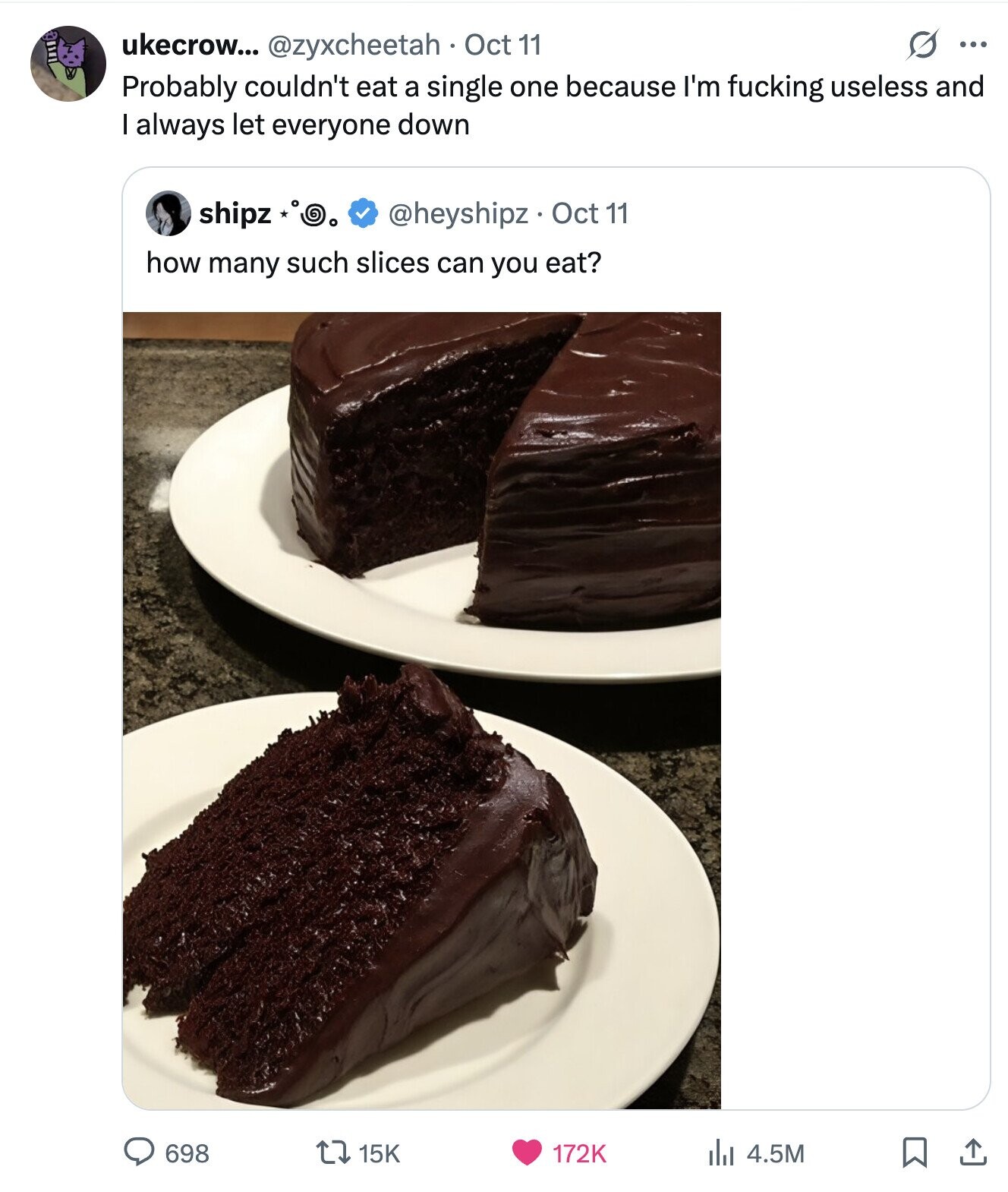 G ... ukecrow... @zyxcheetah Oct 11 Probably couldn't eat a single one because I'm fucking useless and I always let everyone down shipz @heyshipz Oct 11 how many such slices can you eat? 698 15K 172K del 4.5M 