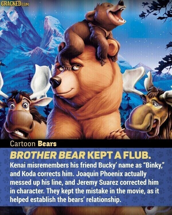 CRACKED COM Cartoon Bears BROTHER BEAR KEPT A FLUB. Kenai misremembers his friend Bucky' name as Binky, and Koda corrects him. Joaquin Phoenix actually messed up his line, and Jeremy Suarez corrected him in character. They kept the mistake in the movie, as it helped establish the bears' relationship.