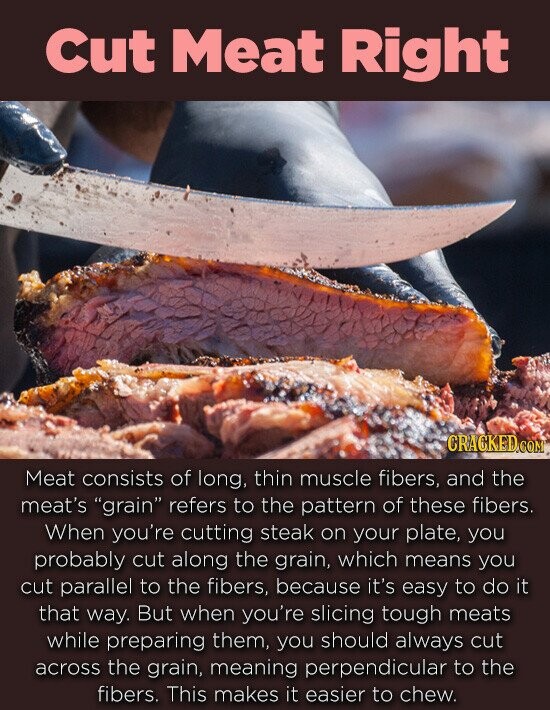 cut Meat Right CRACKED Meat consists of long, thin muscle fibers, and the meat's grain refers to the pattern of these fibers. When you're cutting steak on your plate, you probably cut along the grain, which means you cut parallel to the fibers, because it's easy to do it that