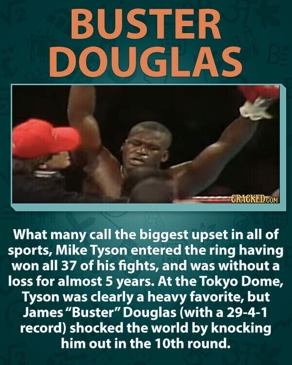 BUSTER BE DOUGLAS CRACKED.COM What many call the biggest upset in all of sports, Mike Tyson entered the ring having won all 37 of his fights, and was without a loss for almost 5 years. At the Tokyo Dome, Tyson was clearly a heavy favorite, but James Buster Douglas (with a 29-4-1 record) shocked the world by knocking him out in the 10th round.