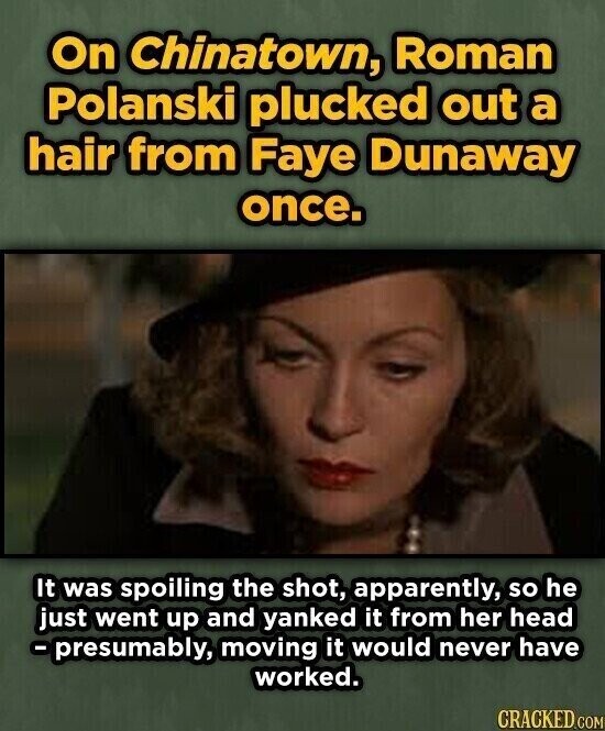 On Chinatown, Roman Polanski plucked out a hair from Faye Dunaway once. It was spoiling the shot, apparently, so he just went up and yanked it from her head -presumably, moving it would never have worked. CRACKED.COM