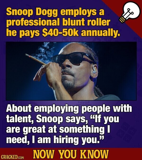 Snoop Dogg employs a professional blunt roller he pays $40-50k annually. About employing people with talent, Snoop says, If you are great at something I need, I am hiring you. NOW YOU KNOW CRACKED.COM