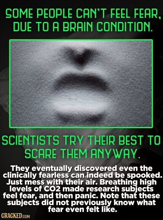 SOME PEOPLE CAN'T FEEL FEAR, DUE TO A BRAIN CONDITION. SCIENTISTS TRY THEIR BEST TO SCARE THEM ANYWAY. They eventually discovered even the clinically fearless can indeed be spooked. Just mess with their air. Breathing high levels of CO2 made research subjects feel fear, and then panic. Note that these subjects did not previously know what fear even felt like. CRACKED.COM